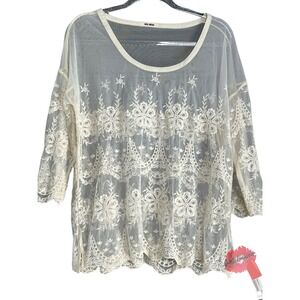 Mos Mosh Lucy Blouse Women Medium‎ Cream Sheer Lace Short Sleeve Shirt Top